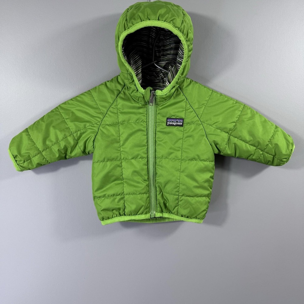 Patagonia Puffer Jacket Boys 18-24M? Green Reversible Hooded Full Zip Quilted